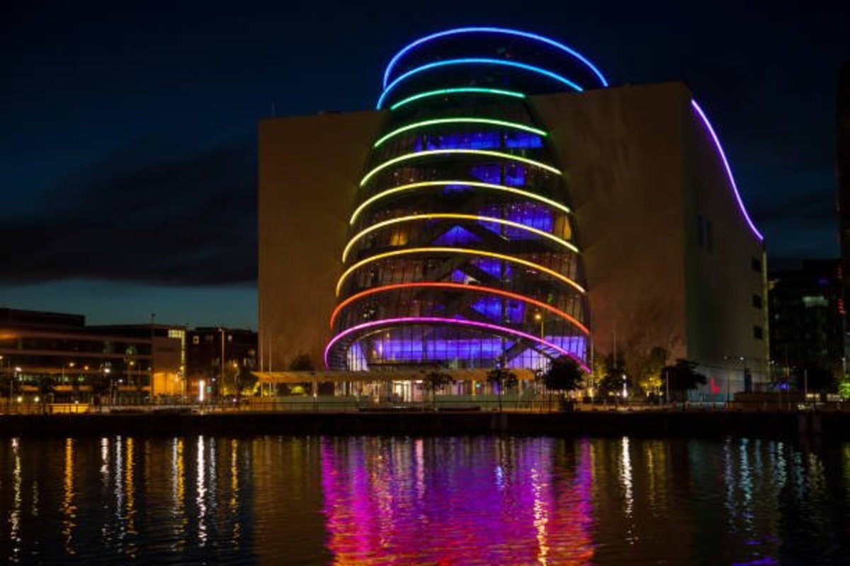 The Convention Centre Dublin shown at night.