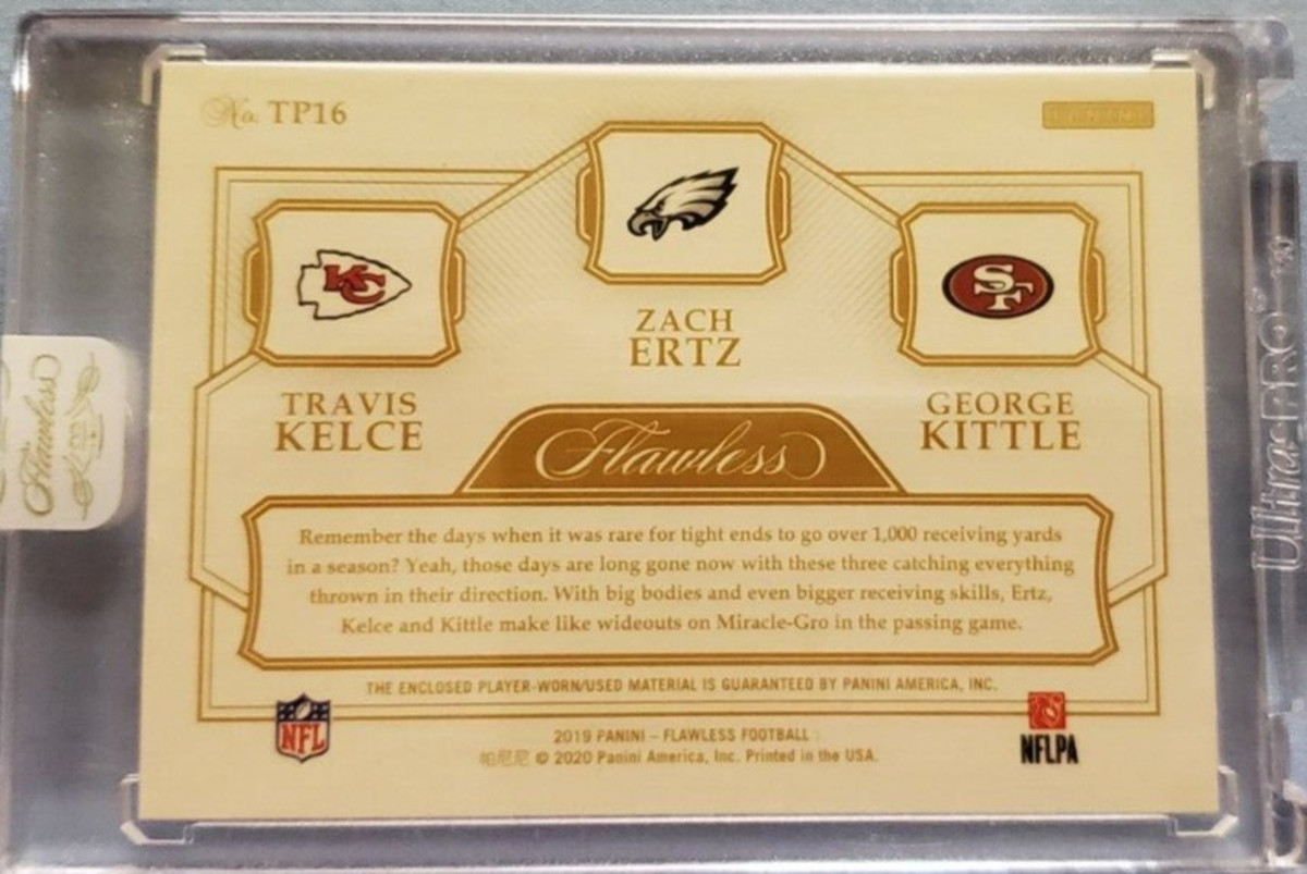 2019 Flawless 1/1 Triple Logo Patch Card TRAVIS KELCE, ZACH ERTZ, GEORGE KITTLE